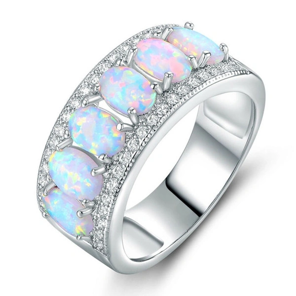 Exquisite 925 Solid Sterling Silver Natural Gemstone Opal Diamond Ring Bride Wedding Engagement Fine Jewelry