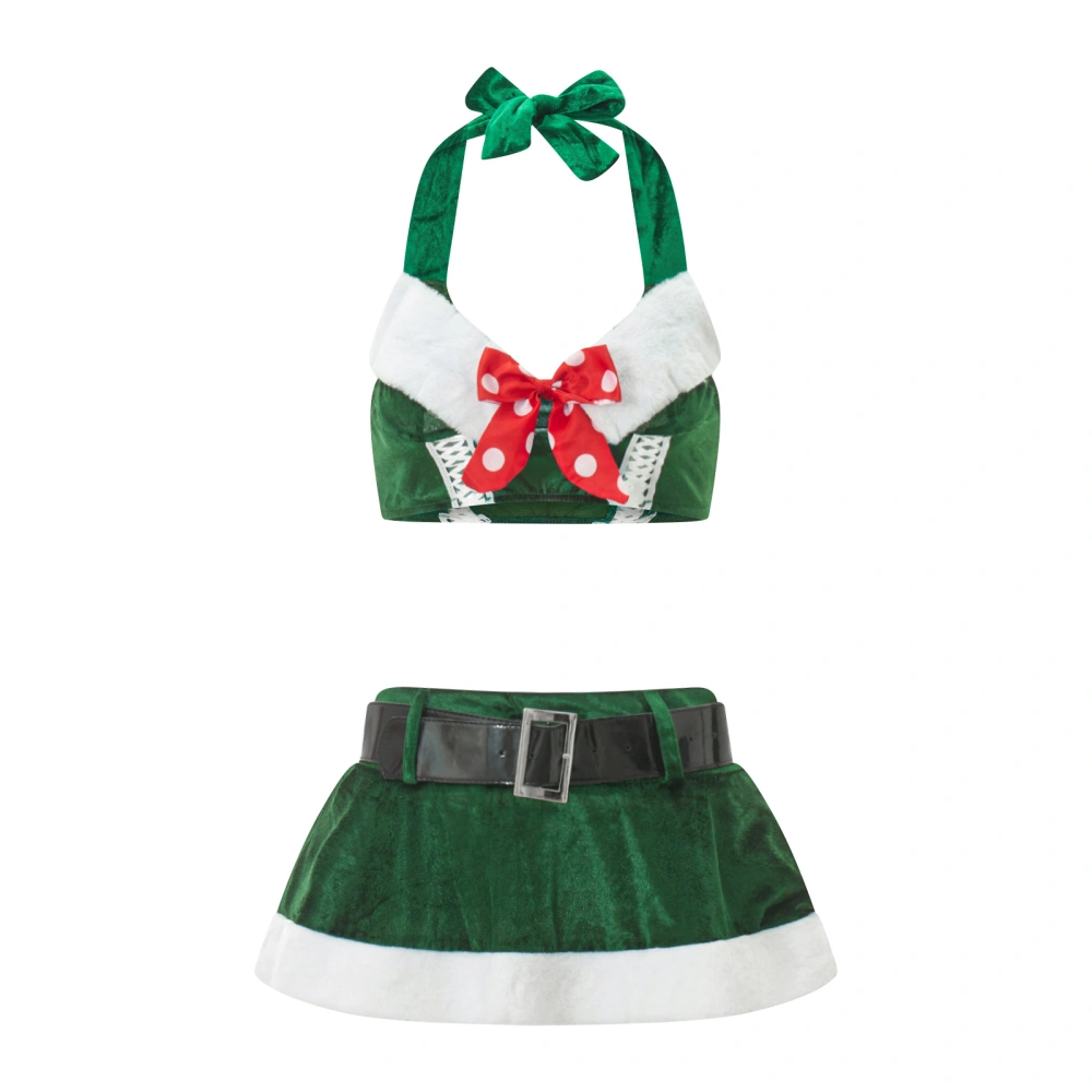 Women Christmas Outfit, Patchwork Halter Top with Mini Skirt and Belt