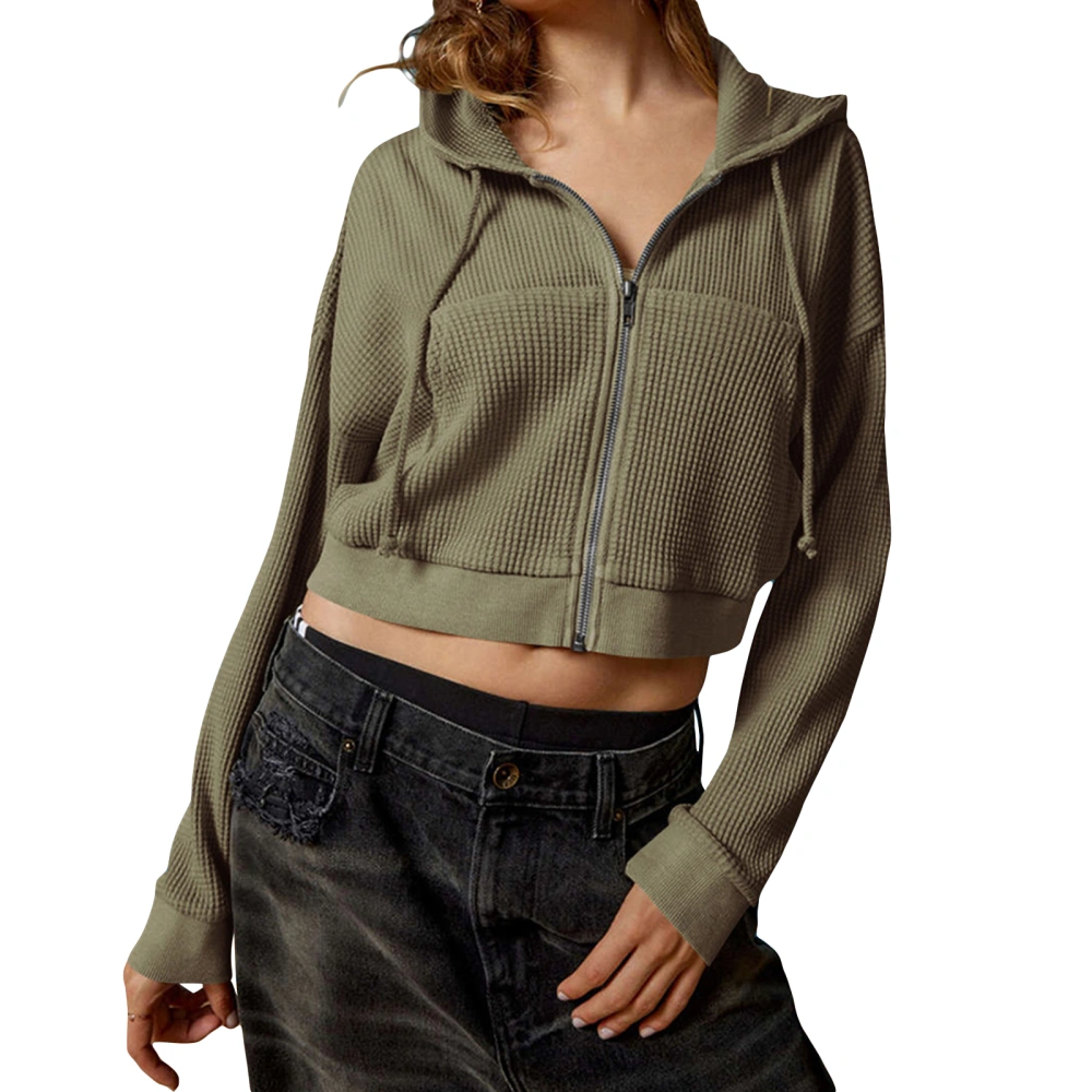 Women's Waffle Crop Hoodies Long Sleeve Zip Up Slim Short Jacket