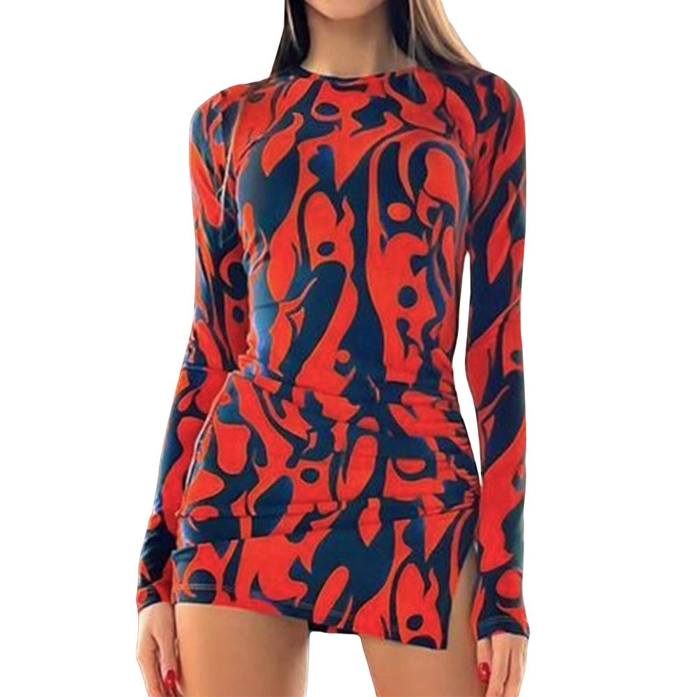 Women Mini Bodycon Dress Print Crew Neck Long Sleeve Party Dress