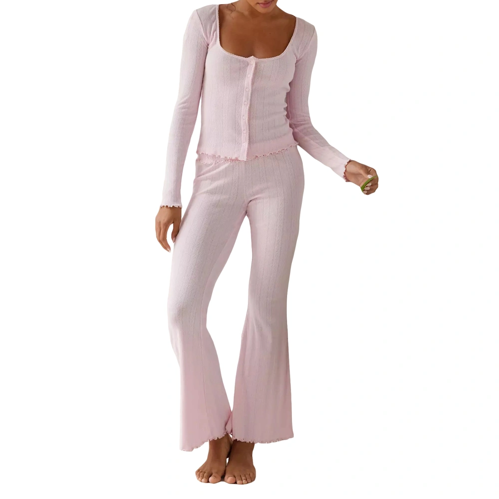 Women Pajamas Lounge Set Solid Color Eyelet Cardigan Tops Pants