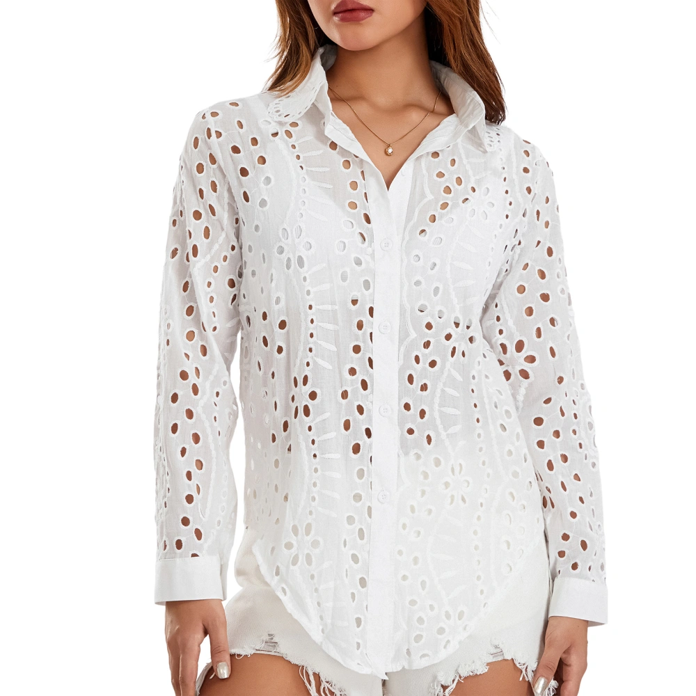 Women Shirt, Long Sleeve Turn-down Collar Button-down Hollowed Tops