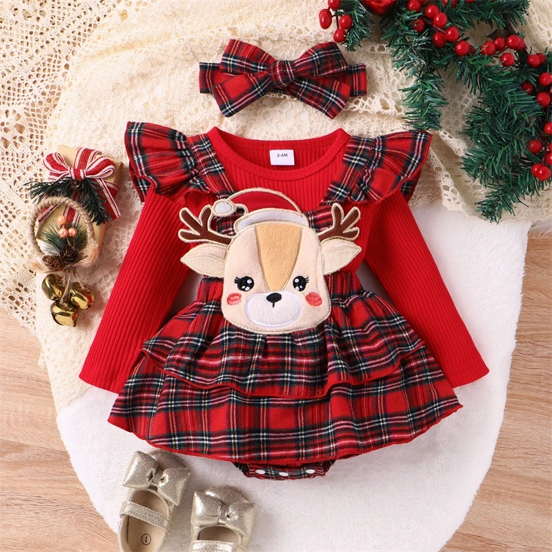 Baby Long Sleeve Ribbed Tops Plaid Suspender Romper Dress Headband Set