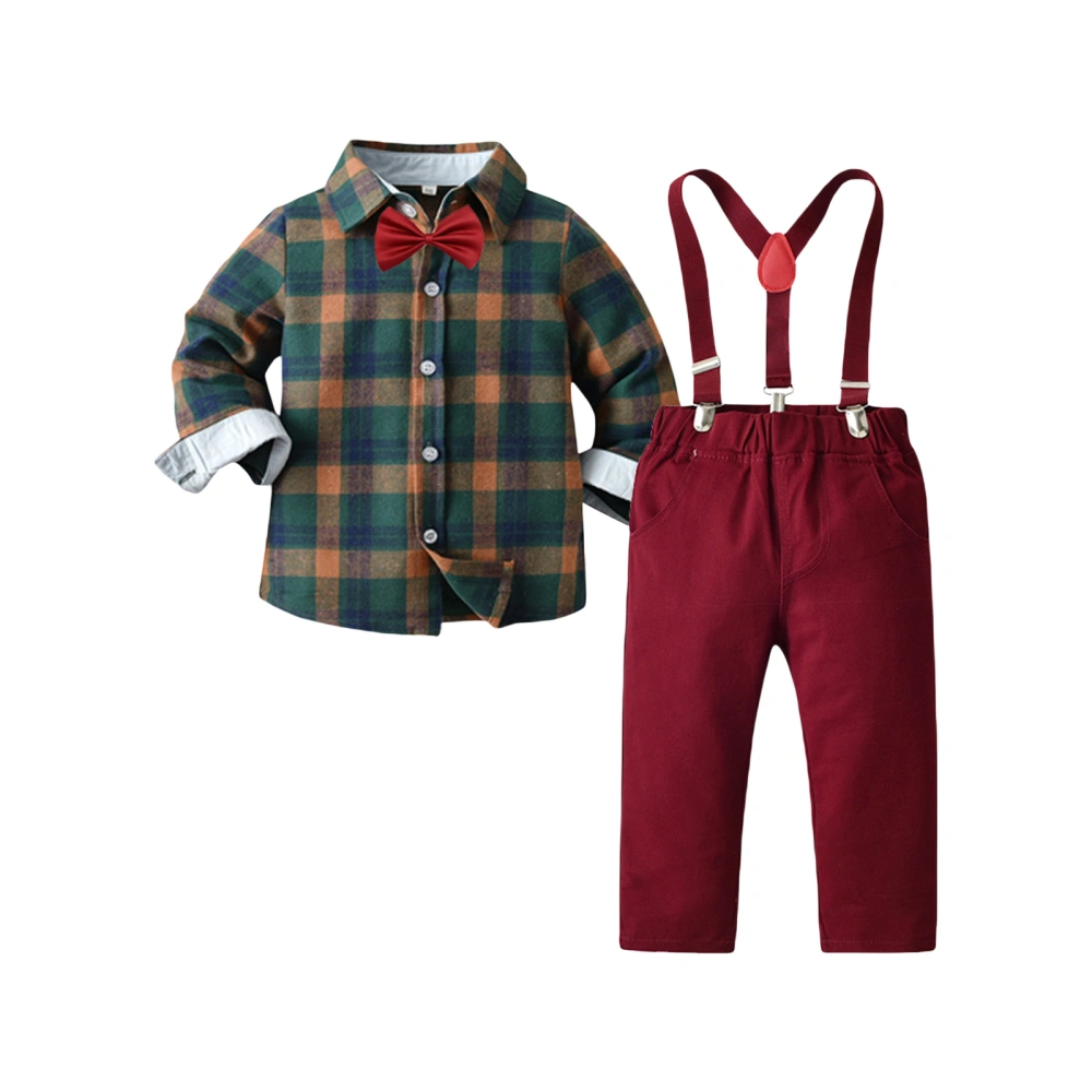 Boy Gentleman Outfit Plaid Shirt with Bow Tie and Suspenders Pants