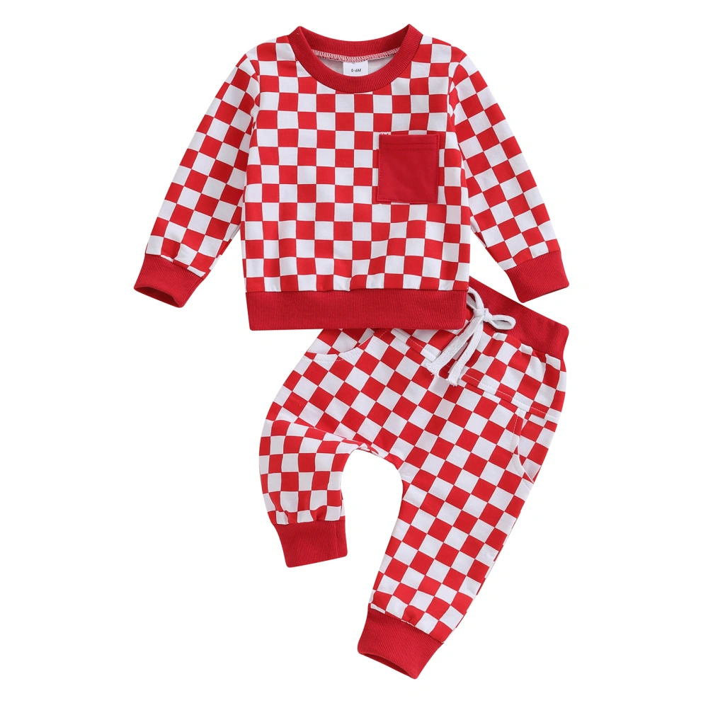 Boy Long Sleeve Checkerboard Print Sweatshirt and Drawstring Pants Set