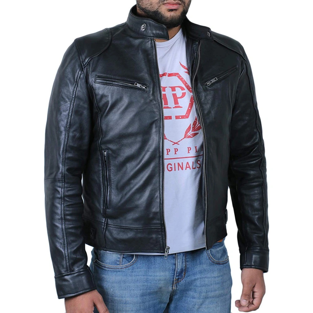 Men's Long Sleeve Stand Collar Solid Color Zip Up Leather Jacket