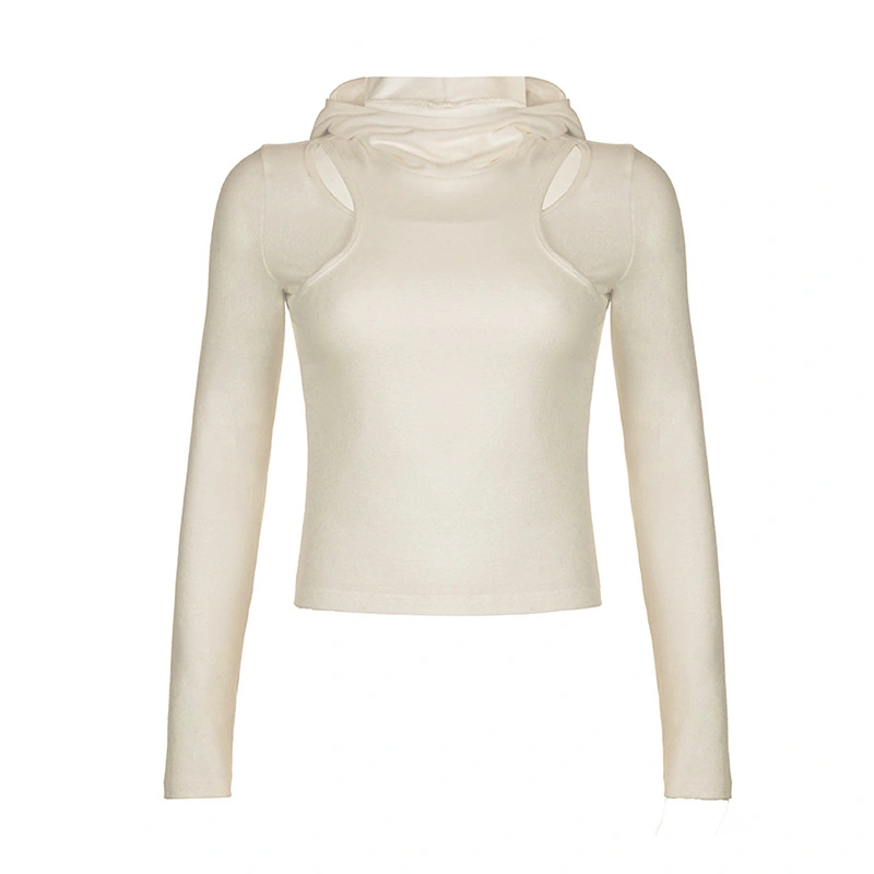 Women's Spring Beige Long Sleeve Cowl Neck Hooded Hollow T-shirt