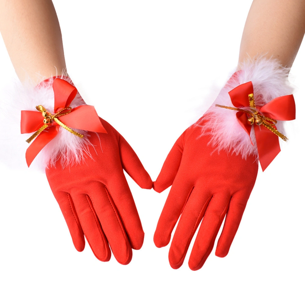 Women Short Satin Gloves Wrist Length Feather Bells Christmas Gloves