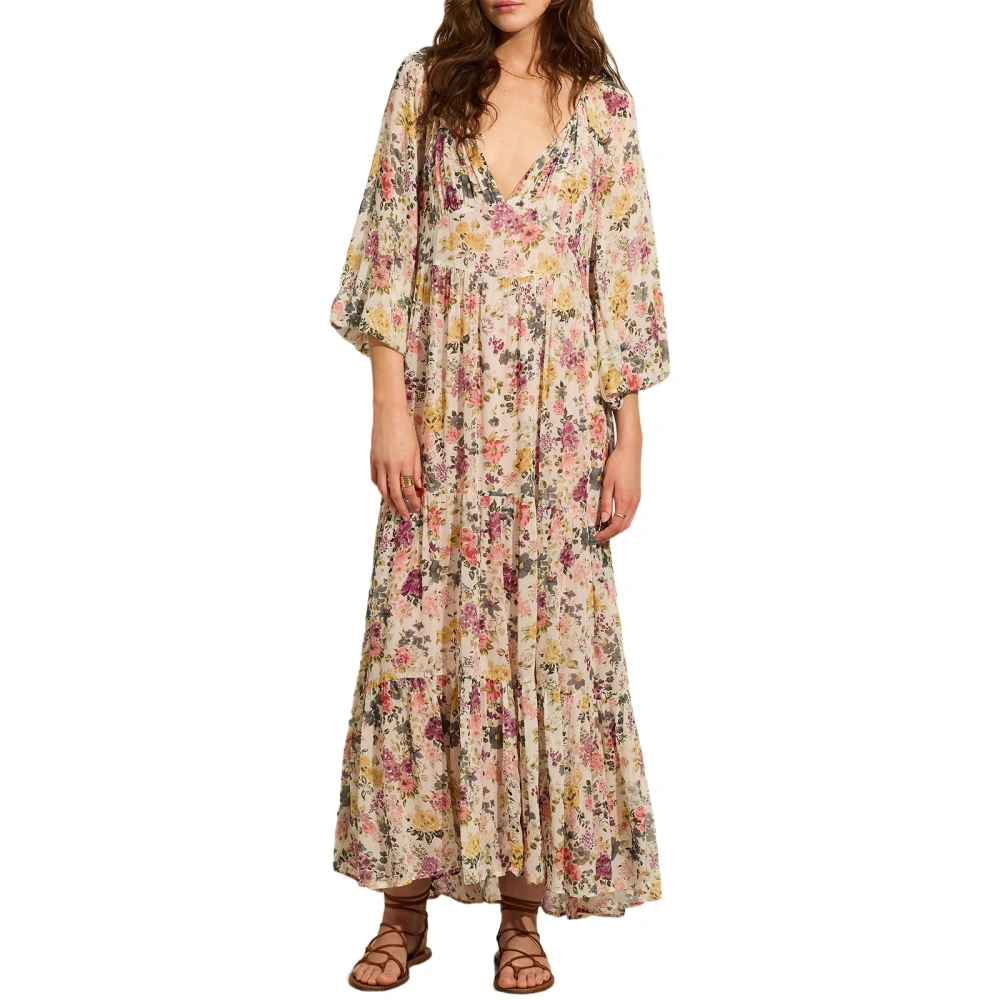 Women Long Dress, 3/4 Sleeve V Neck Flower Print Casual Swing Dress