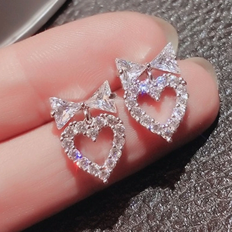 New Trendy 925 Sterling Silver Love Heart Bow Stud Earrings White Diamond Women Bridal Elegant Jewelry Elegant Earrings