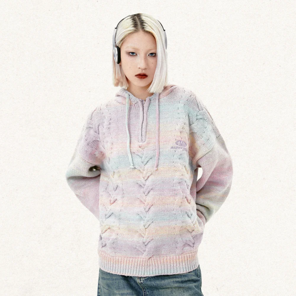 Retro Half Zipper Hooded Sweater Women