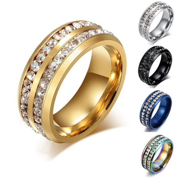 Fashion Exquisite Women Men 8mm Stainless Steel Unique Double Row Crystal Diamond Ring Wedding Band Jewelry Gifts(Size 6-11)