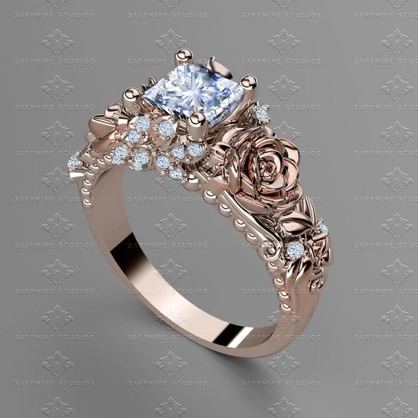 Women's Jewelry 925 Silver&Rose Gold White Sapphire Diamond Rose Flower Ring Bridal Wedding Engagement Ring