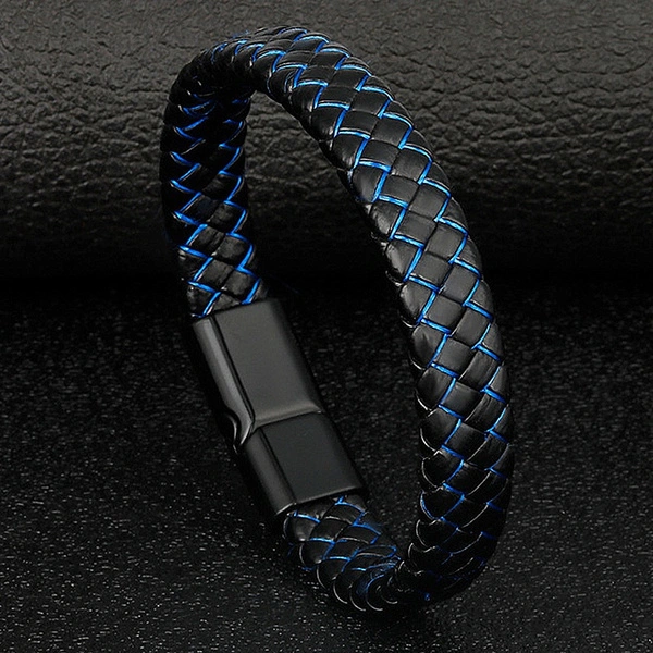 Men Genuine Leather Bracelet Bangle Black Braided Bracelet Stainless Steel Magnetic Clasps Wrist Band Male Vintage Punk Bracelet Accessories