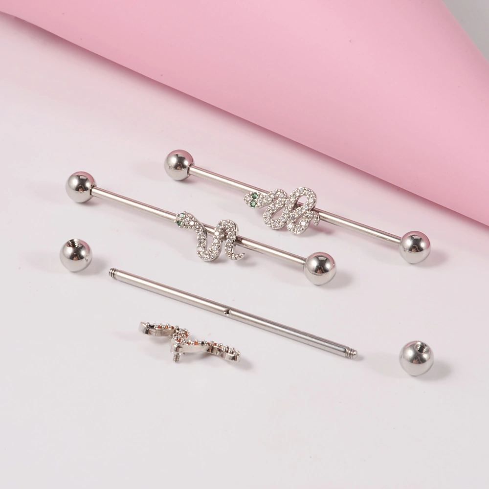 Stainless Steel Straight Bar Barbell Earrings, Small Snake Flower Wings