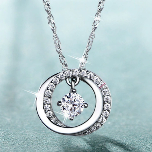 925 Sterling Silver Necklace Simple Circle White Sapphire Pendant Clavicle Chain Women's Jewelry