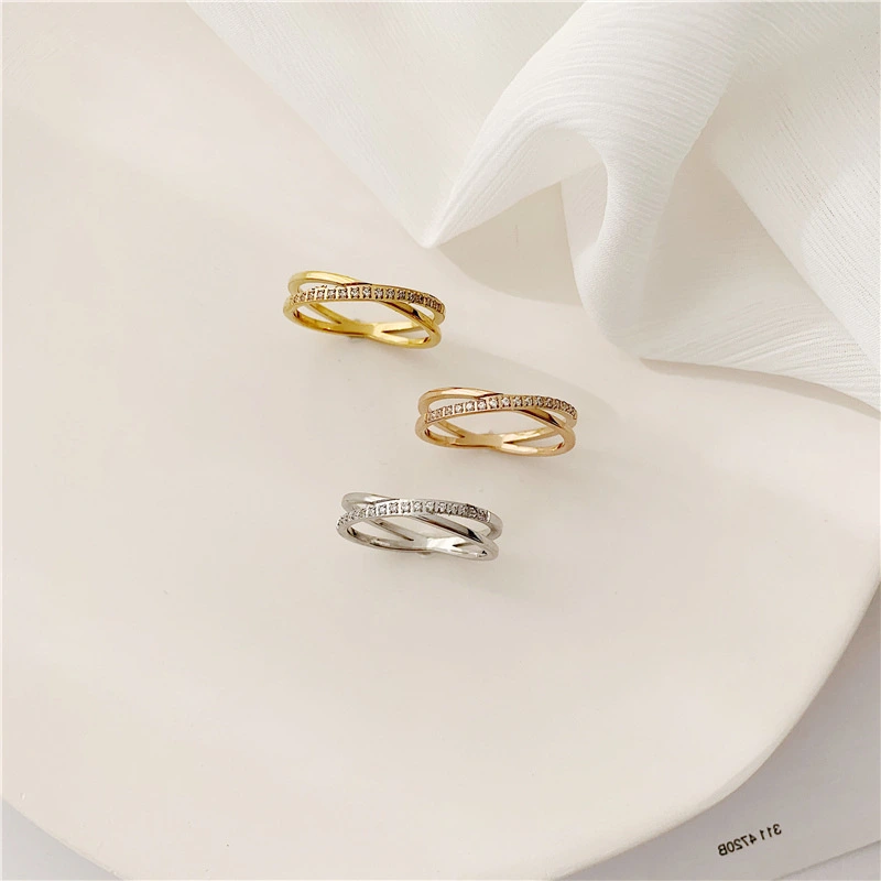 Korean Style X-shaped Cross Micro Rhinestone Rose Gold Ring