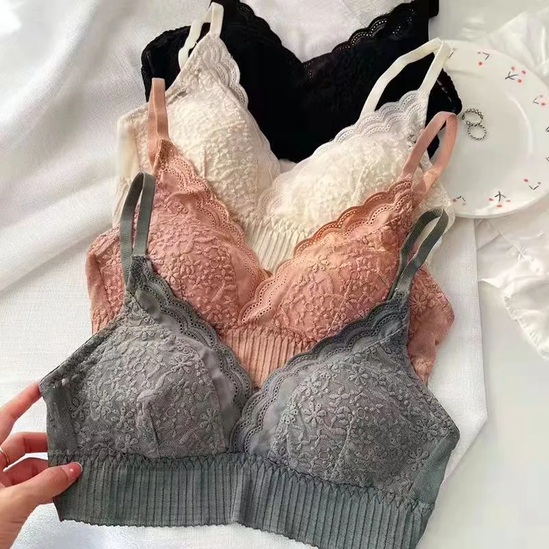 French Style Nude Feel Lace Triangle Cup Underwear Women's Bra