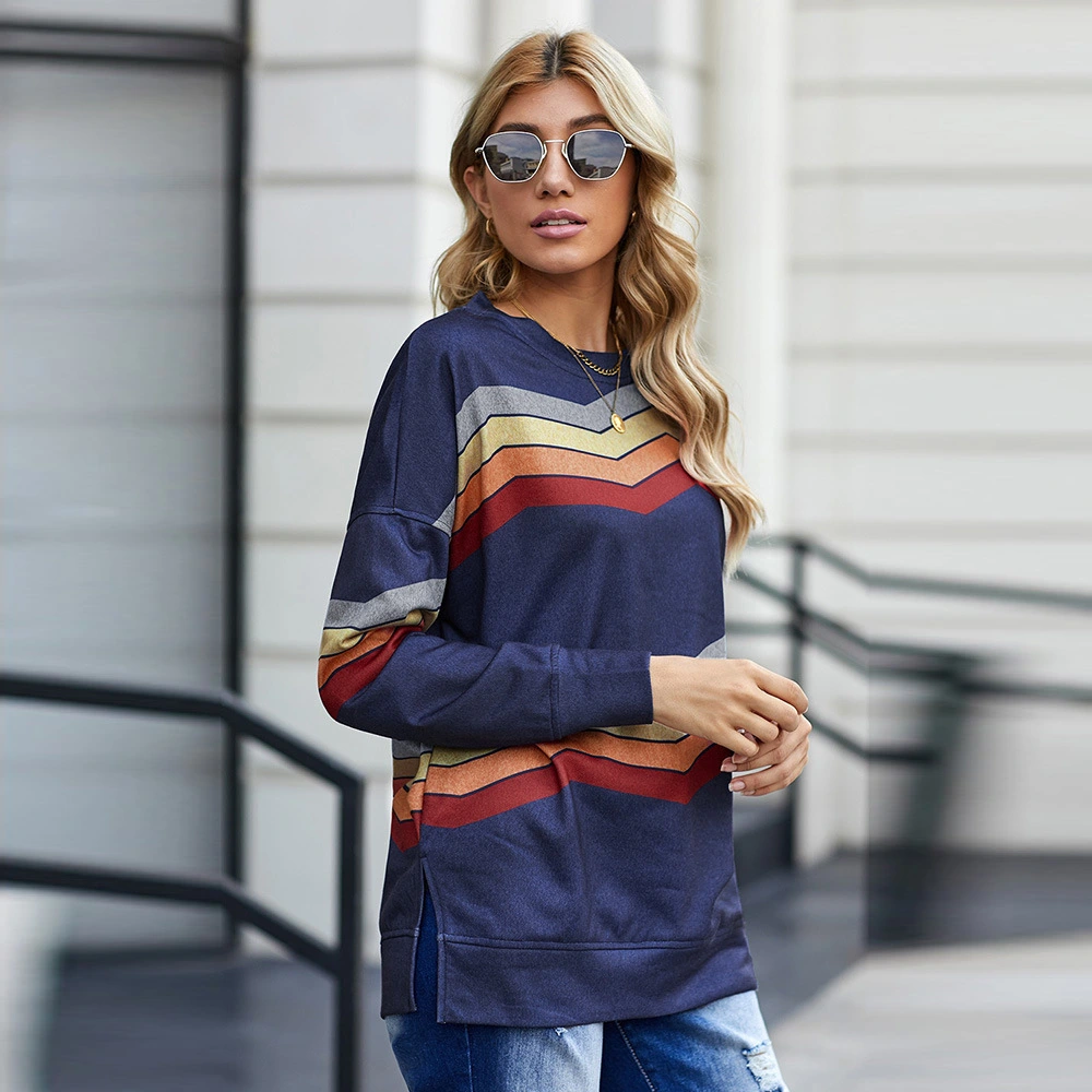 Women's Fashion Loose Striped Printing Hat-free Sweater