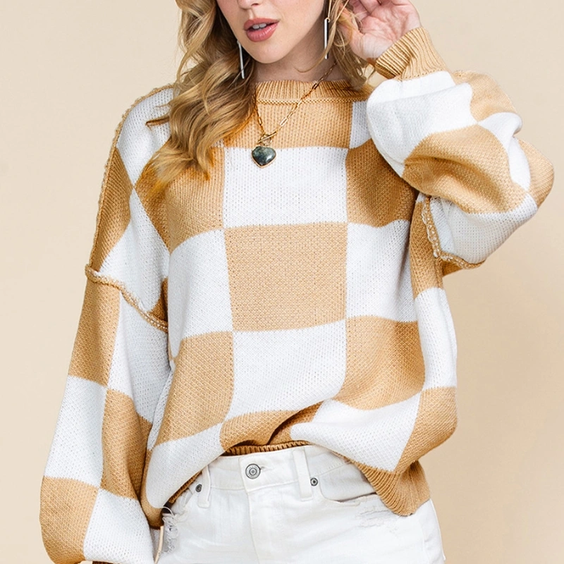 Leisure Style Plaid Printed Long-sleeved Top Warm Pullover Crew Neck Sweater Factory Direct Sales