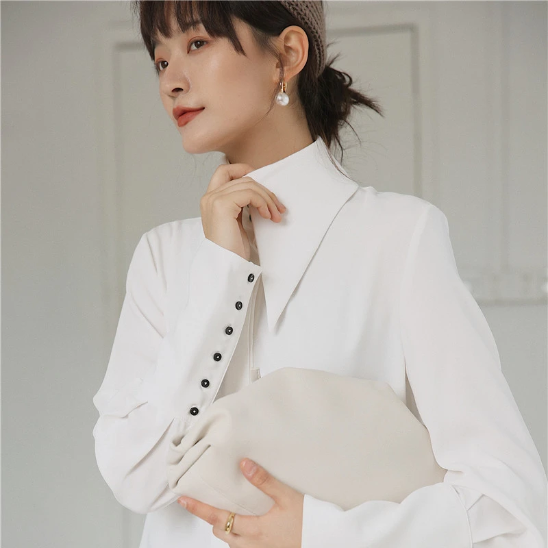 Women's Fashionable Simple Lantern Sleeve Pointed Collar Loose Straight Horseshoe Shirt