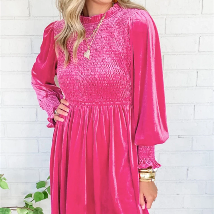 Women's Fashionable Elegant Velvet Smocking Long Sleeve Dress