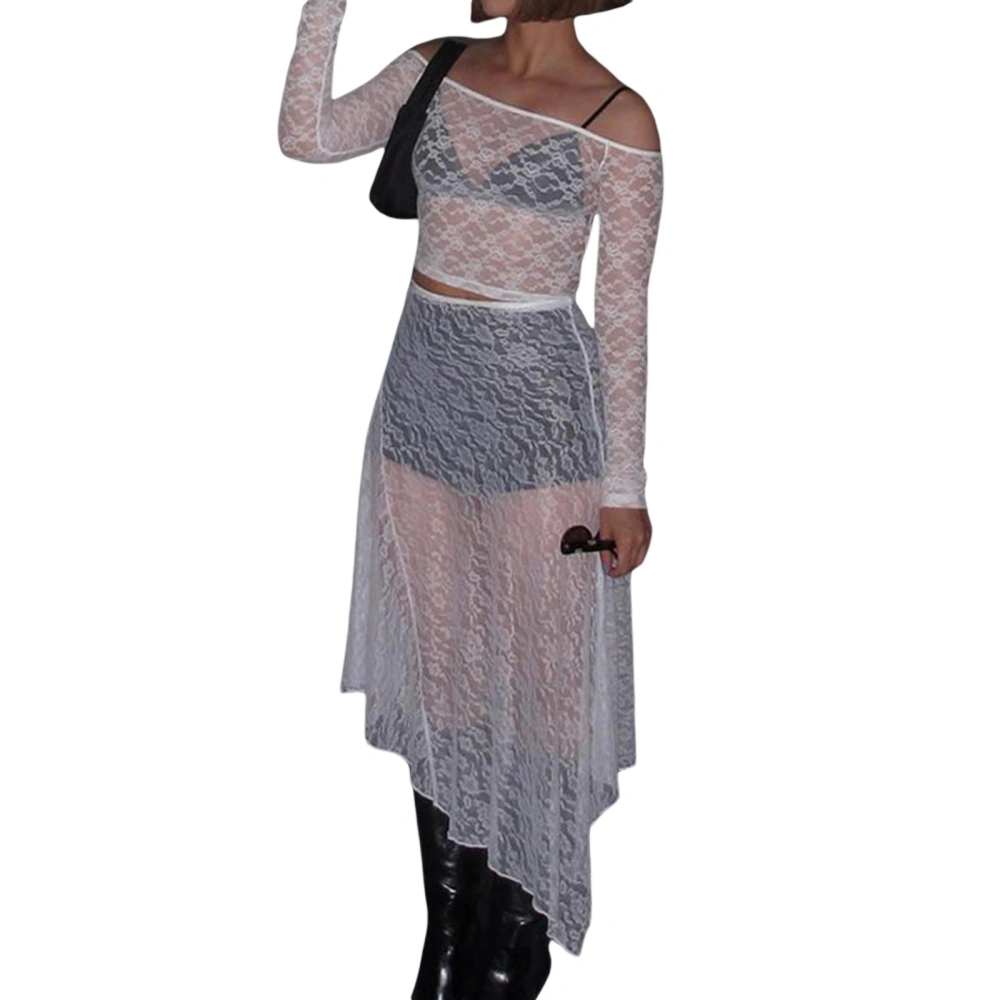 Women 2 Piece Lace Outfits Sheer Off-Shoulder Tops and Irregular Skirt