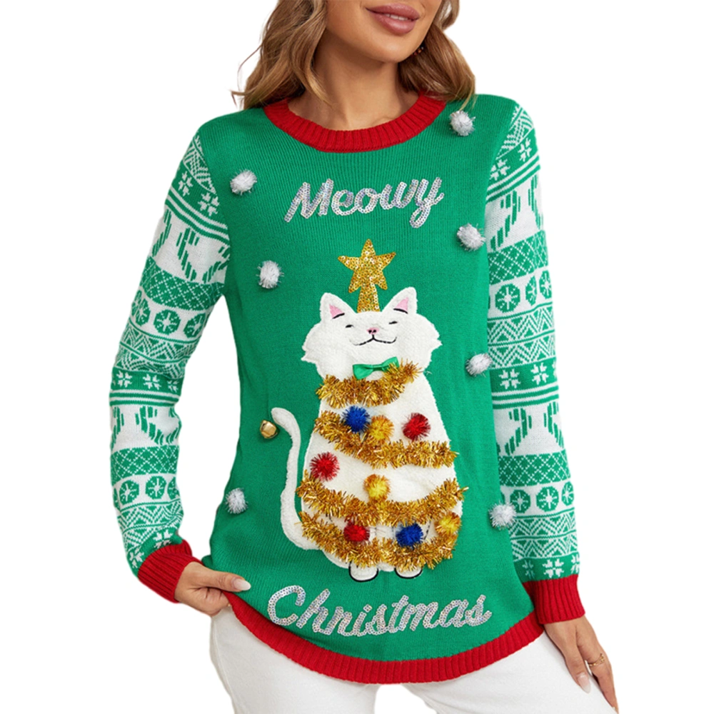 Women's Christmas Sweaters Long Sleeve Cat Tree Print Pullover