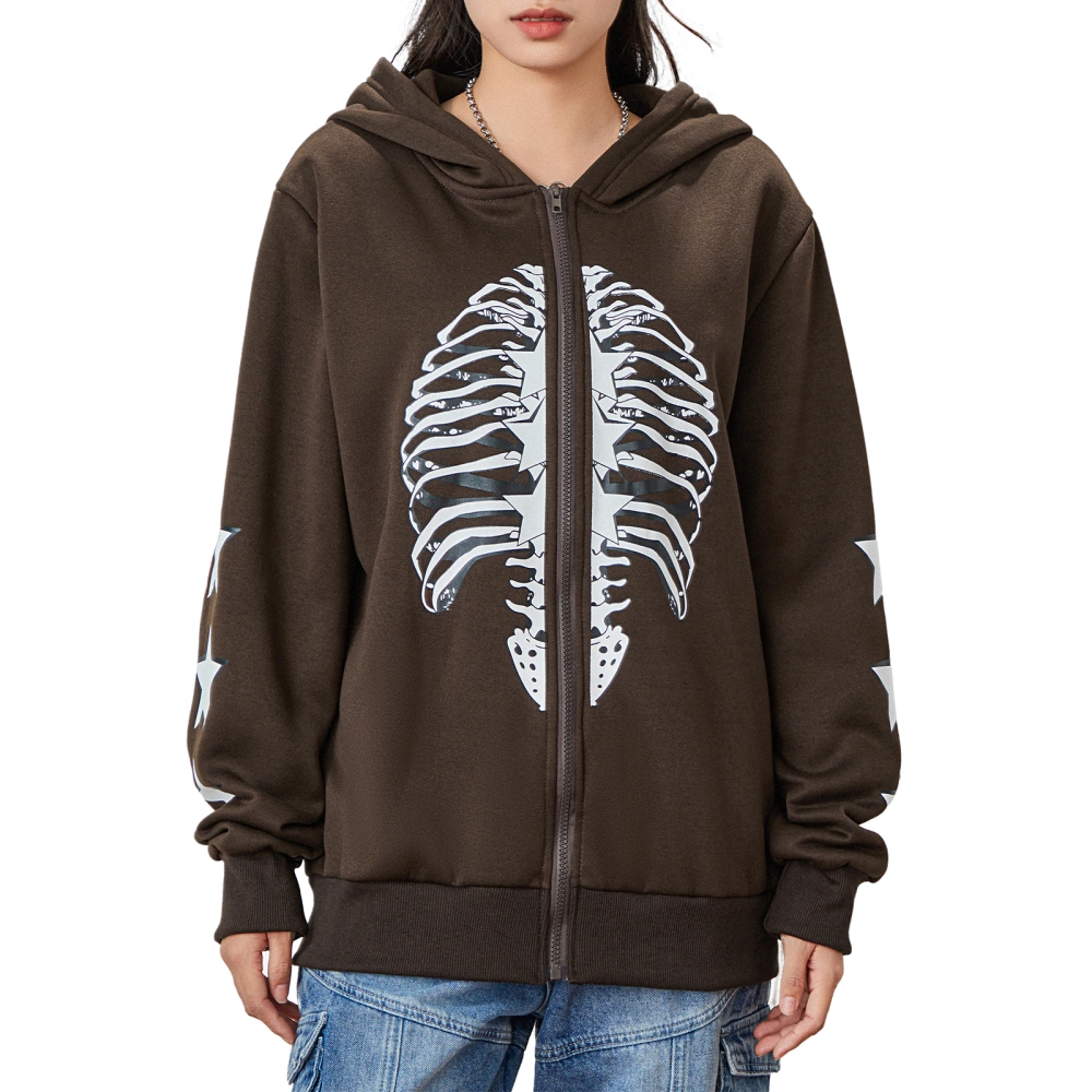 Women's Gothic Hooded Loose Jacket Skull Pattern Long Sleeve Coat