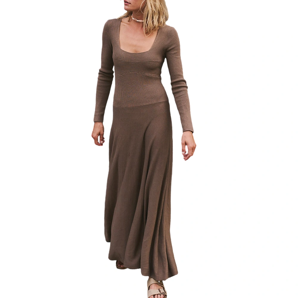 Women Fall Casual Long Dress Solid Color Square Neck Knit Dress