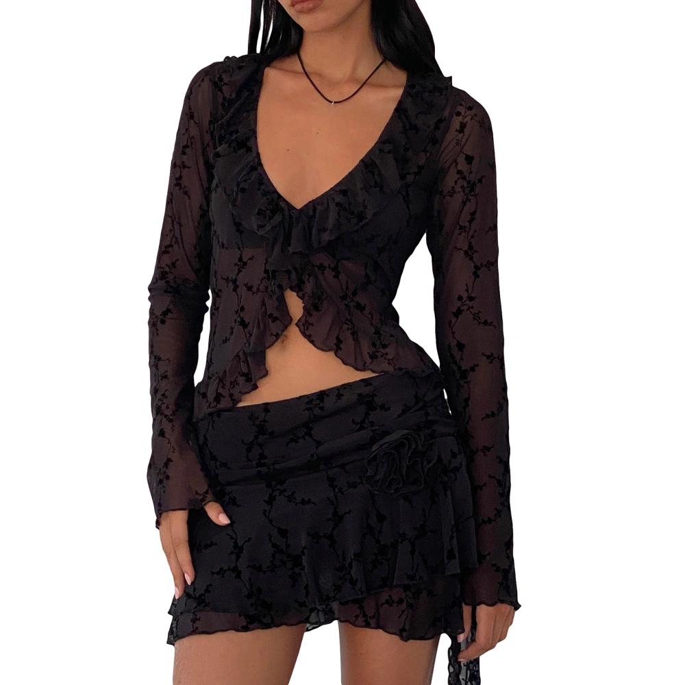 Women Long Sleeve V Neck Lace Floral Tops Black Mini Ruffle Skirt Set