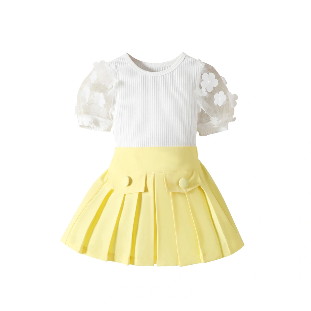 Baby Girls Two Piece Outfits Flower Mesh Tops and Pleated Skirt