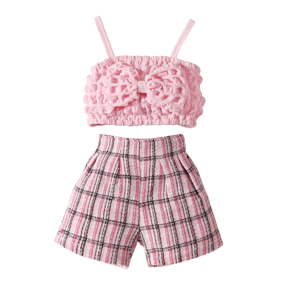 Girl Summer Outfit Bubble Cami Tops with Big Bowknot and Plaid Shorts