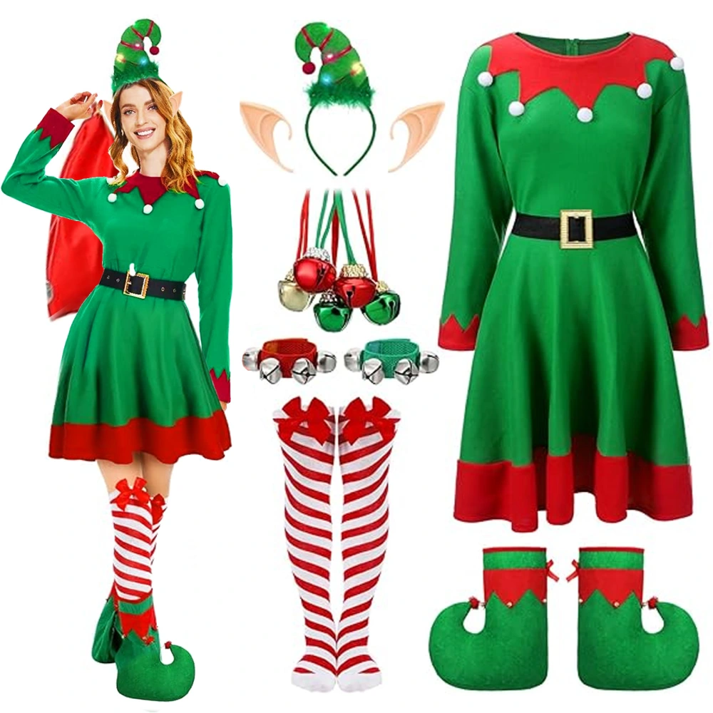 Women Christmas Costumes Cute Elf Dress with Shoes Light up Hat 