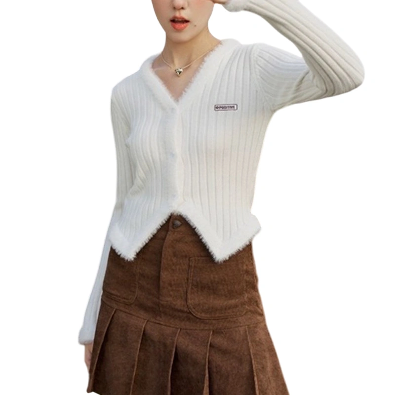 Women Cropped Knit Sweaters Casual Plush Trim V Neck Button Cardigans 