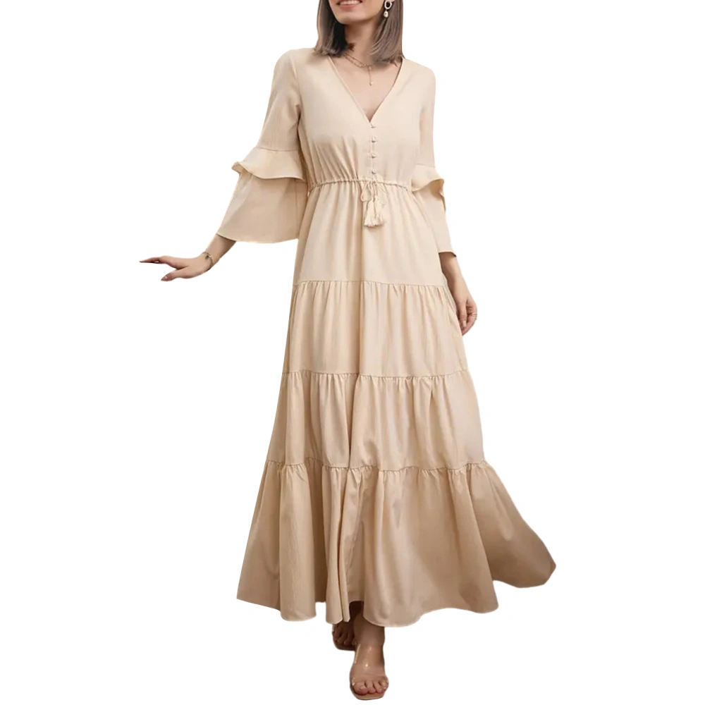 Women Summer Casual Long Dress Buttons V-Neck 3/4 Sleeve A-line Dress