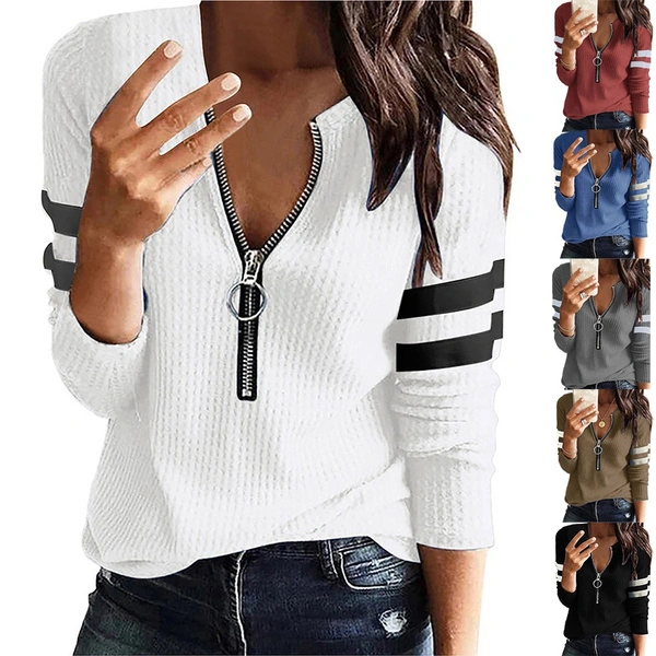 Autumn and Winter Fashion Women Knitted Pullover Thin Sweater Casual V Neck Zipper Shirt Top Long Sleeve Shirt Patchwork Striped Blouse Plus Size Top