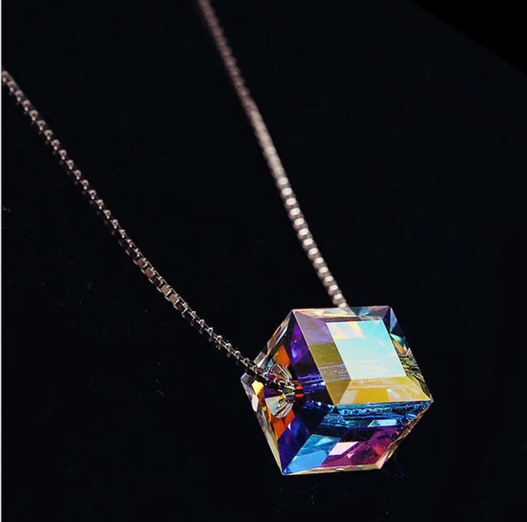 New Fashion Designer Square Sugar Crystal Pendant Necklace,925 Sterling Silver Chain with Austrian Crystal.Cute Necklace For Her