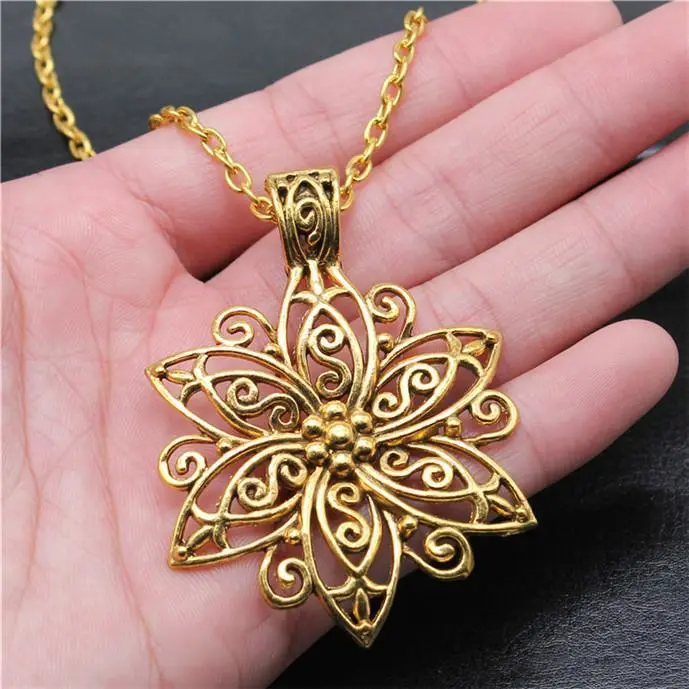 Fashion Simple Antique Silver Big Flower Pendant Necklace , 68cm chain long necklace