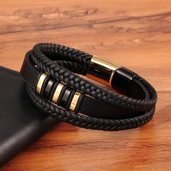 New 3 Layers Black Gold Punk Style Design Genuine Leather Bracelet for Men Steel Magnetic Button Birthday Gift Male Bracelets