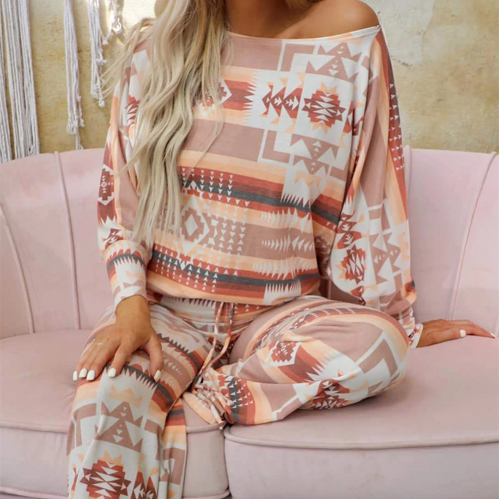 Leopard Rhombus Prints Home Wear Women's Autumn And Winter New Long Sleeve Top Trousers