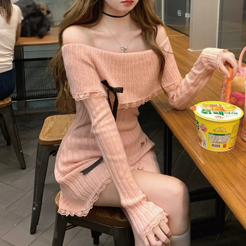 Pink Shoulder Drop Waist Knit Dress