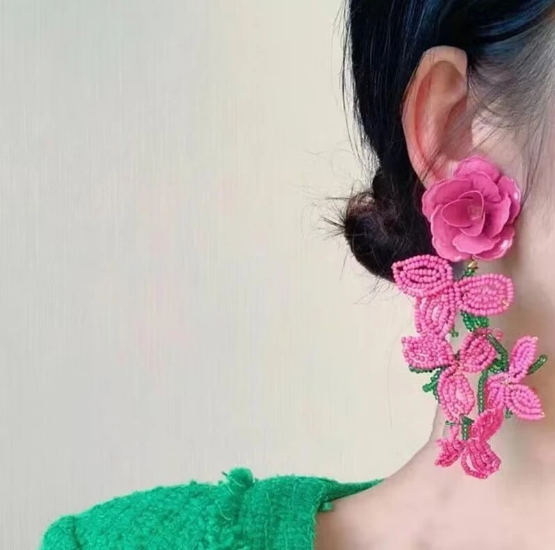 Handmade Crystal Flowers Tassel Earrings