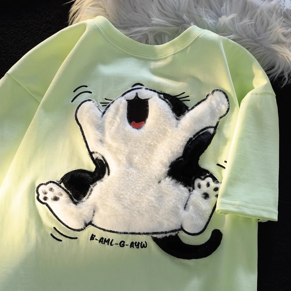 Heavy Cotton Plush Kitten Couple T-shirt Cartoon Short Sleeve Women