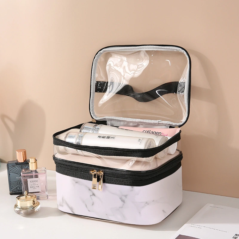 Transparent Pvc Double Layer Marble Waterproof Cosmetic Bag