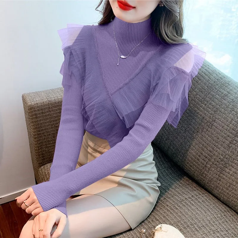 Women's Half-turtleneck Off-shoulder Sweater Mesh