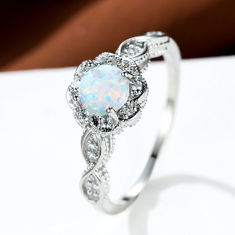 Platinum Round Opal Flower Ring