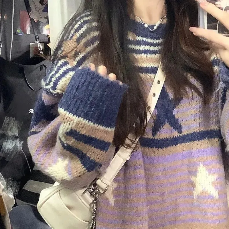Women's Fashion Striped Crew Neck Pullover Sweater
