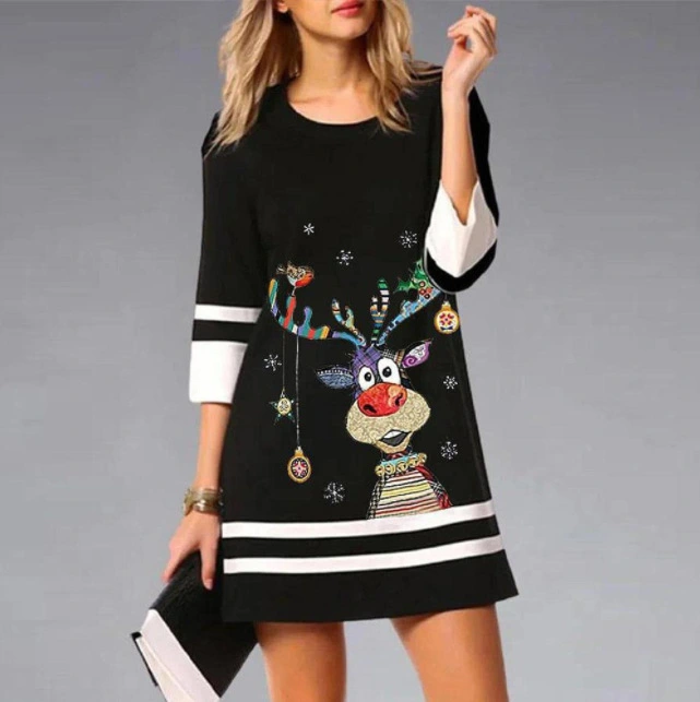 New Women's Christmas Print 34 Sleeve Crew Neck Casual Dress