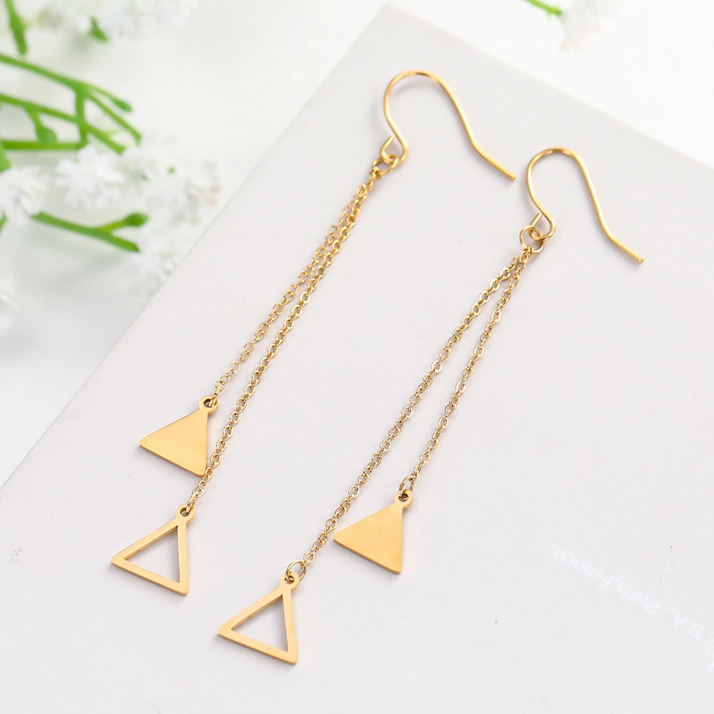 Simple Geometric Solid Hollow Double Triangle Tassel Earrings